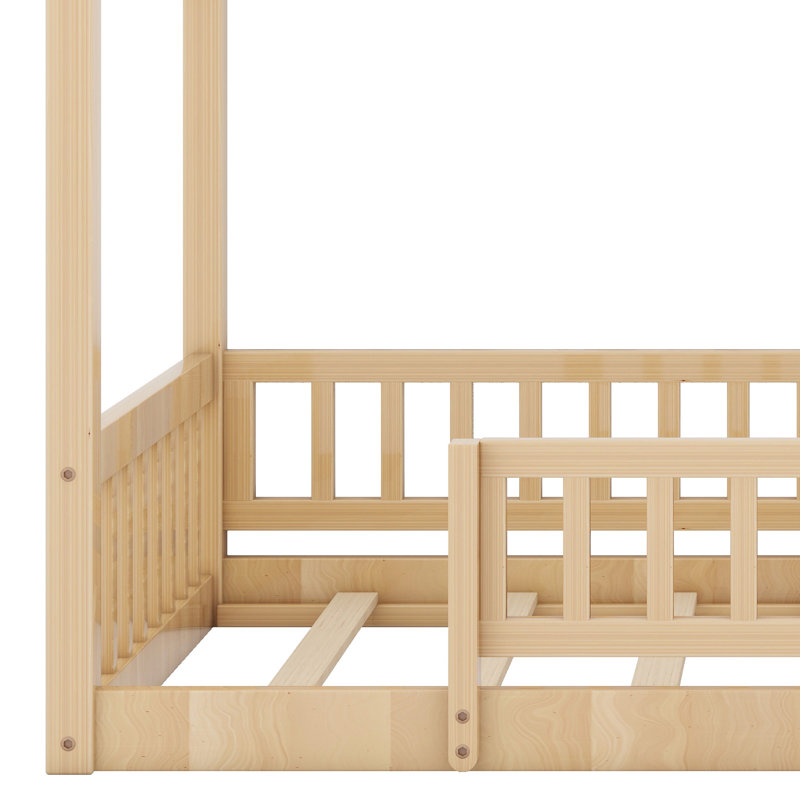 Wooden House Bed Frame with Decorative Fence, Natural