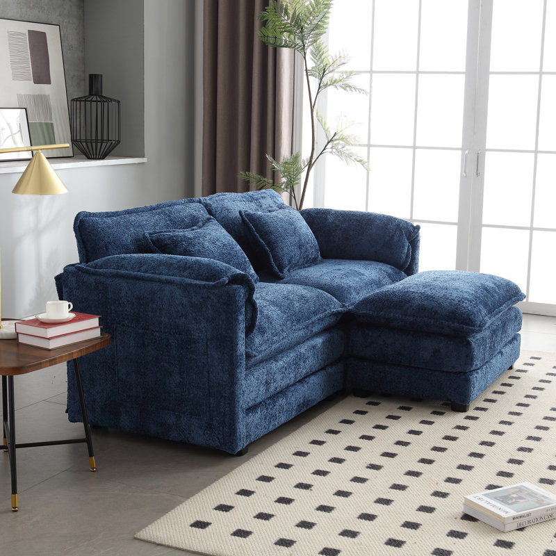 Spacieux lit double en bleu marine, matériau chenille, amovible avec poches de rangement, mousse haute densité, repose-pieds confortable rembourré, rembourrage en mousse latérale, pour le confort des jambes, 76,77 x 29,53 x 31,10 pouces