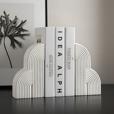 Heavy Duty Ceramic Book Ends Set Of 2，Modern Minimalist Geometric Decorative Book Stoppers, Non-Skid Book Supports For Home Office Shelves, Gift For Book Lovers (White)