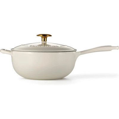 Tramontina Bestow Enameled Cast Iron Saucier Pan with Lid, 3-quart, Latte with Gold Knob