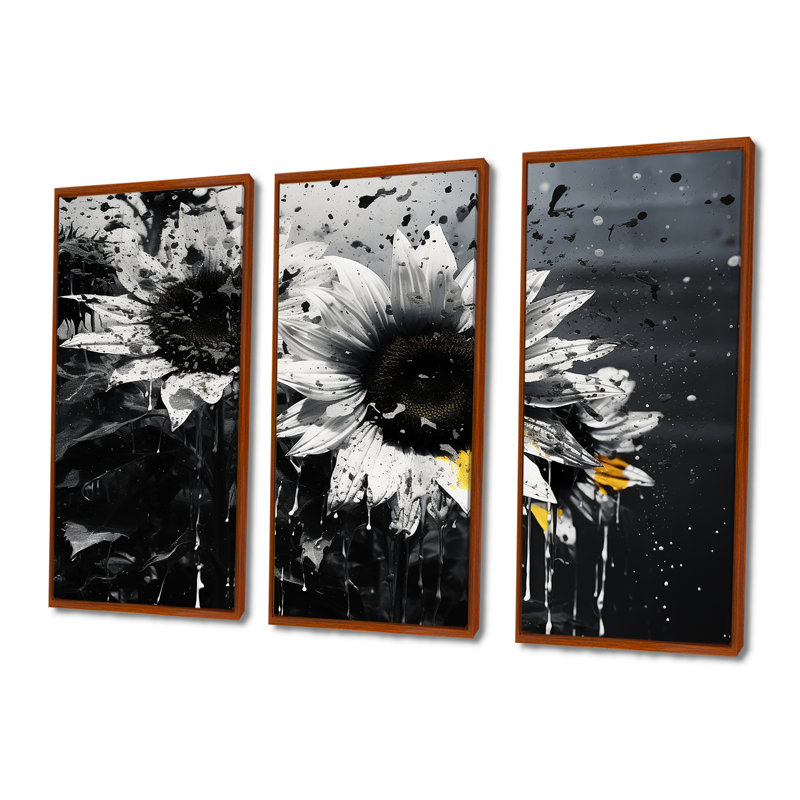 Ensemble de salon mural tournesols noir et blanc, H 32 po x l 48 po, Cadre flottant brun