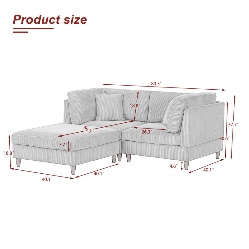 Michelyn 80.3"W 3 - Piece Corduroy Sectional Sofa with Ottoman for Comfort, Gray Corduroy