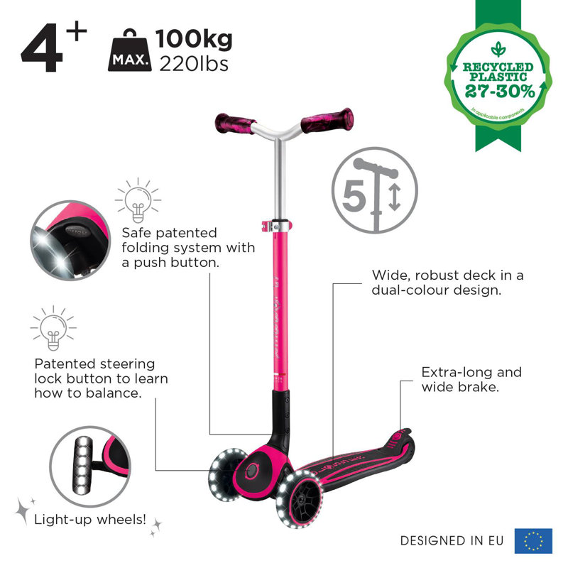  Globber Ace Lights 3 Wheel Scooter, Pink