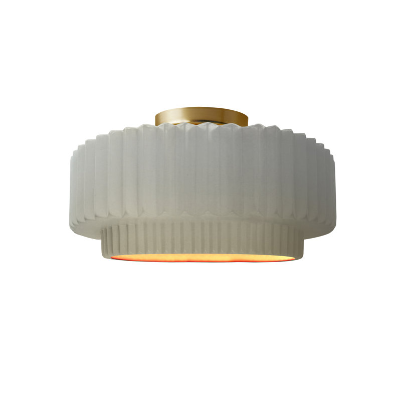 Radiance Ceramic Pleated Semi-Flush Mount, Matte White/Champagne Gold, Brushed Brass, 7" H x 12" W x 12" D