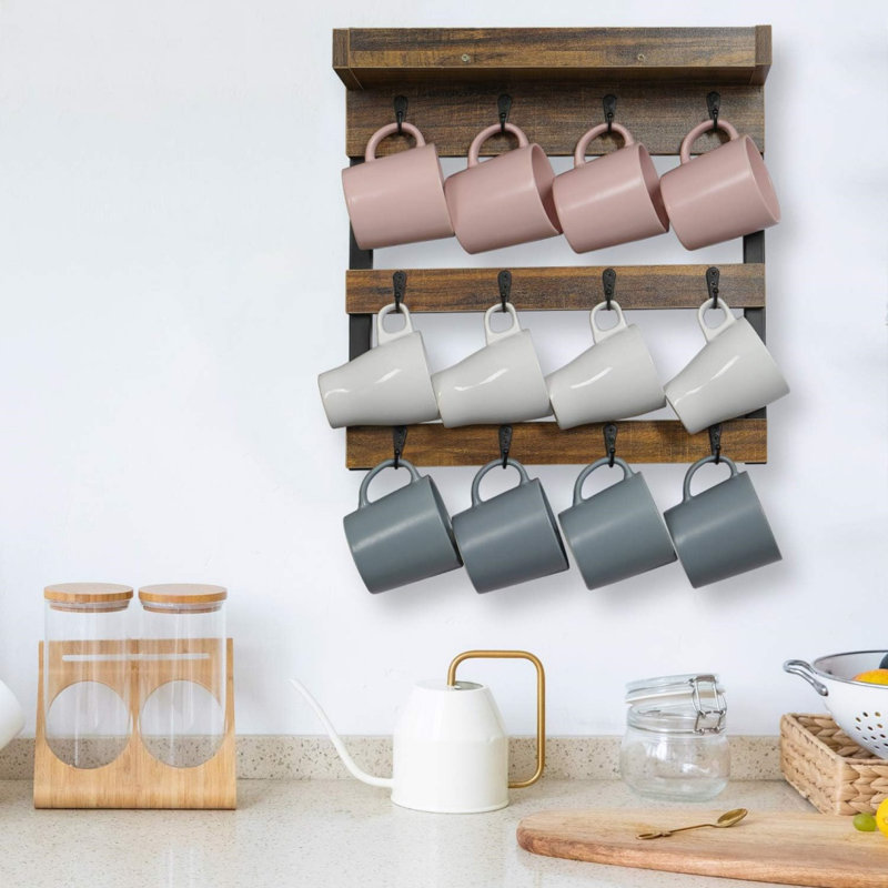Coffee Mug Rack Wall Mounted, Rustic Wood Cups Rack With 12 Hooks And Storage Shelf, For Home Kitchen Display And Collection (Rustic Brown)