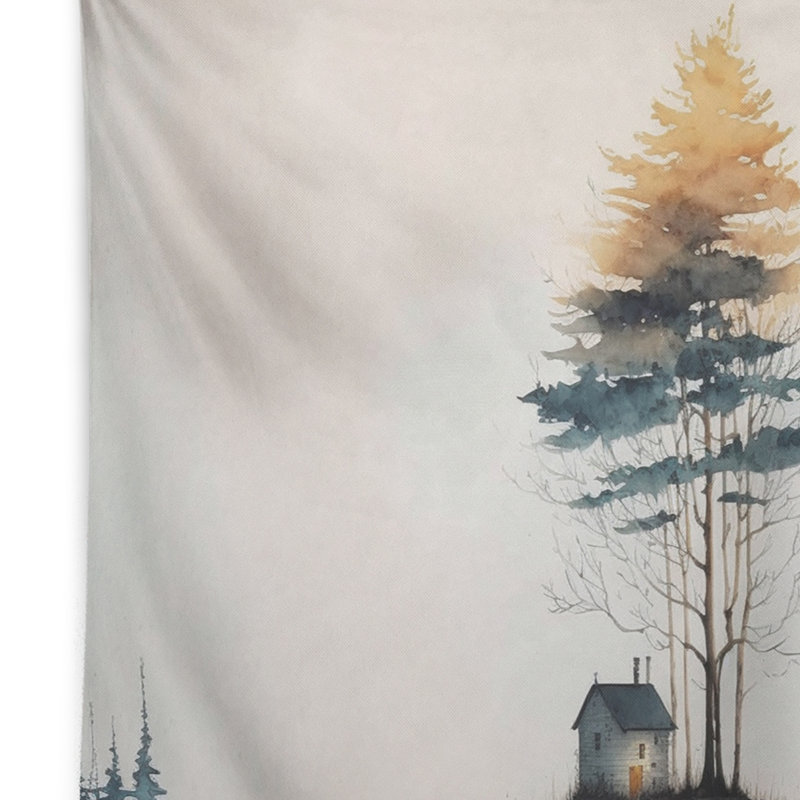 Polyester d'aquarelle bleu arbre par une petite maison de campagne I tapisserie, H 32 po x l 39 po