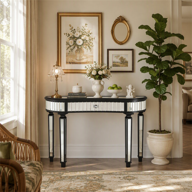 Console 47 po avec miroir demi-lune en verre cannelé et tiroir en cristal, Argent / noir antique + argent