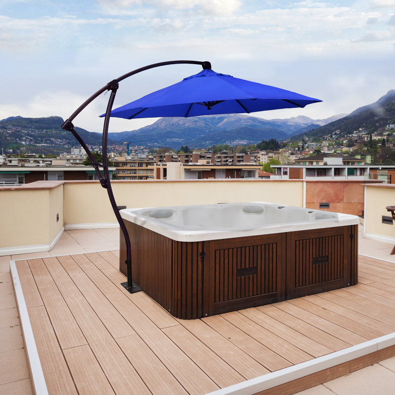 Parasol en porte-à-faux 9 po avec base de spa, manivelle, cadre bronze, rotation sur 360 °, Tissu performance bleu royal