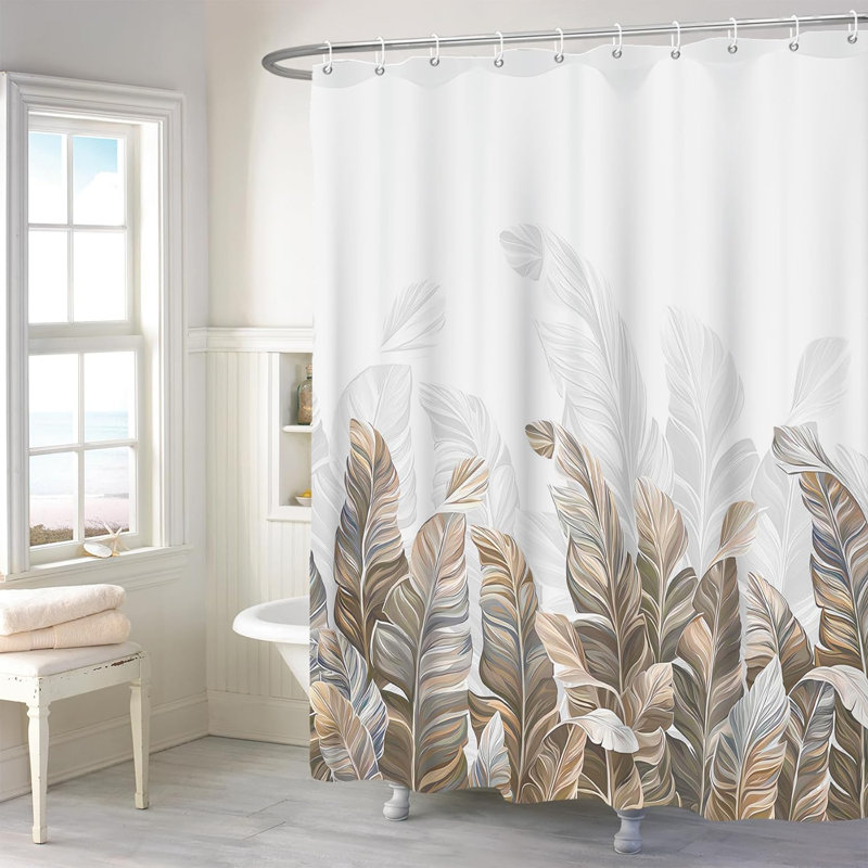 Pack of 1 Brown Leaves Minimalist Fabric Bath Curtain with Hooks, 182.88cm H x 213.36cm W