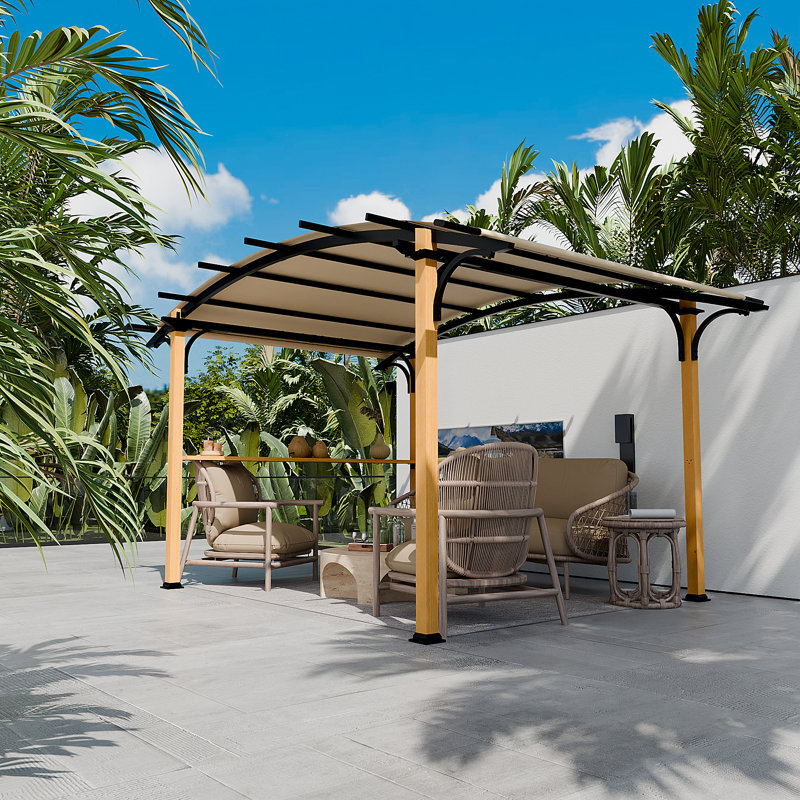 Premium 8.5' X 13' Outdoor Metal Pergola Gazebo With Arched Canopy, Shelves & Bar Top - Natural Wood-look Frame For Patio, Garden, Backyard & Barbecue