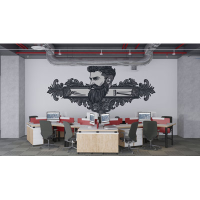 Murale Barber Crest, papier peint barbu d'homme barbu, décalque de salon de toilettage rétro, décoration de bureau pour homme 603MV