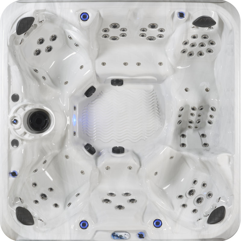  Amplified™ 7-Person 100-Jet Lounger Hot Tub Spa with Bluetooth Stereo, 3 Pumps, LED Lighting, Ozonator and Steps, Redwood