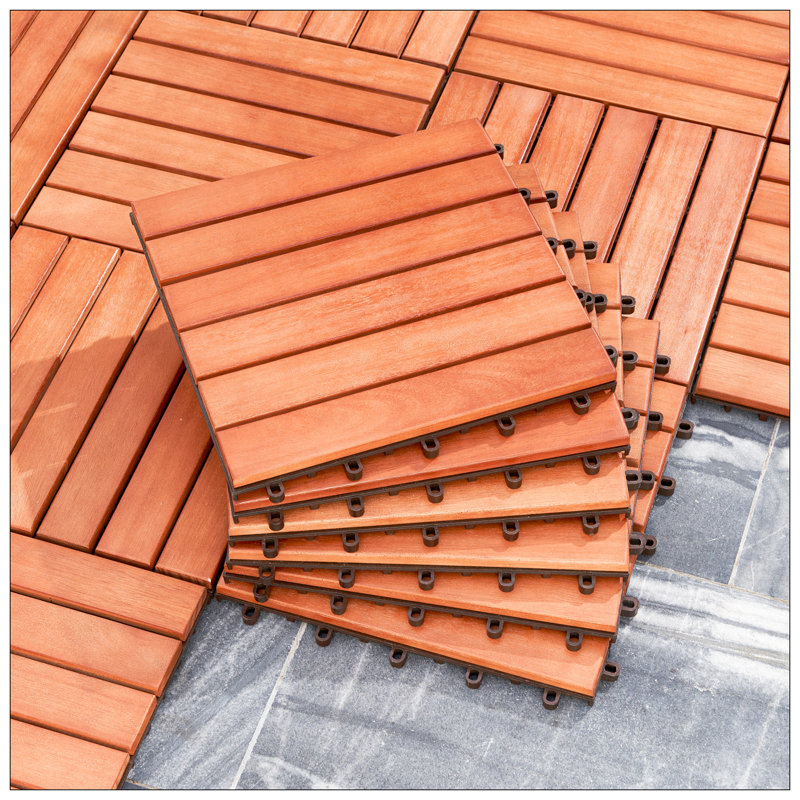 6 tuiles de terrasse en bois d'eucalyptus brun rougeâtre à 6 lattes, ensemble de 10 pour un plancher extérieur et intérieur durable