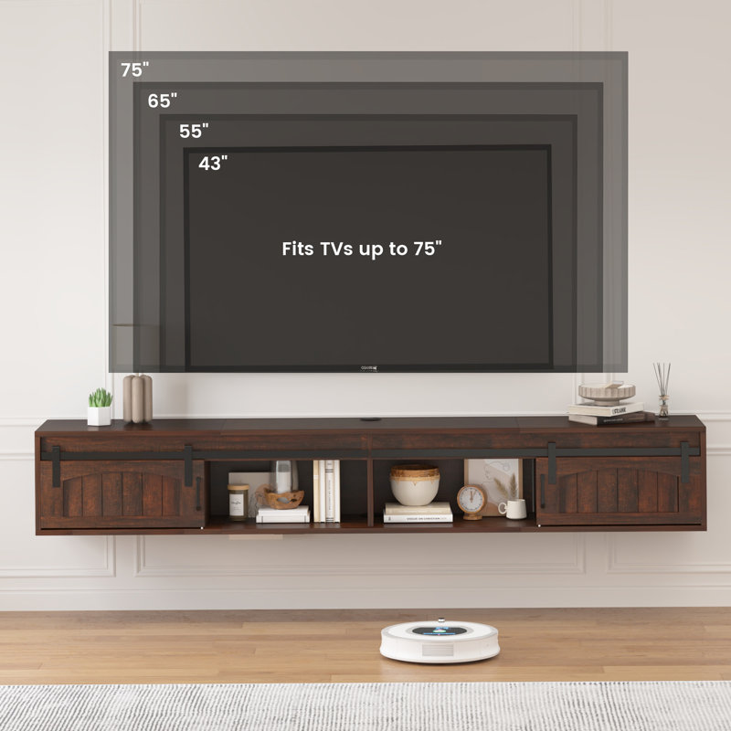 71" Farmhouse Floating TV Stand With Sliding Barn Doors, Wall Mounted Entertainment Center With Charging Station, Floating TV Shelf For Living Room, Bedroom, Rustic Brown