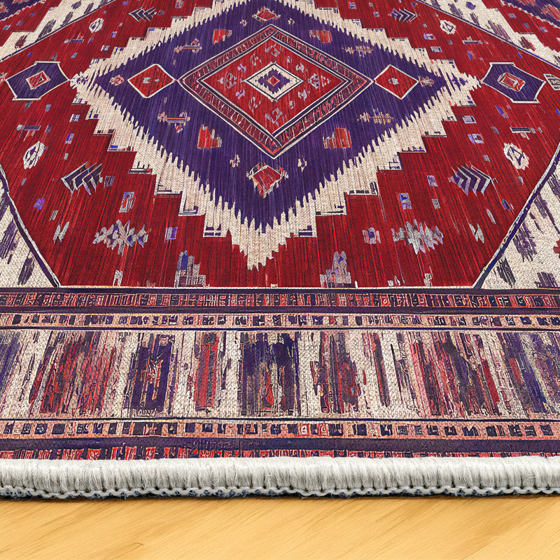 Moroc Collection Digital Print Cotton-Polyester Red Purple Moroccan Rug, Rectangle 4' x 6'7"