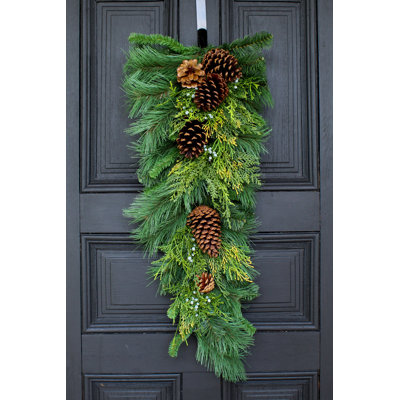 Classic Holiday Greens & Pinecone Christmas Teardrop Front Door Winter Swag