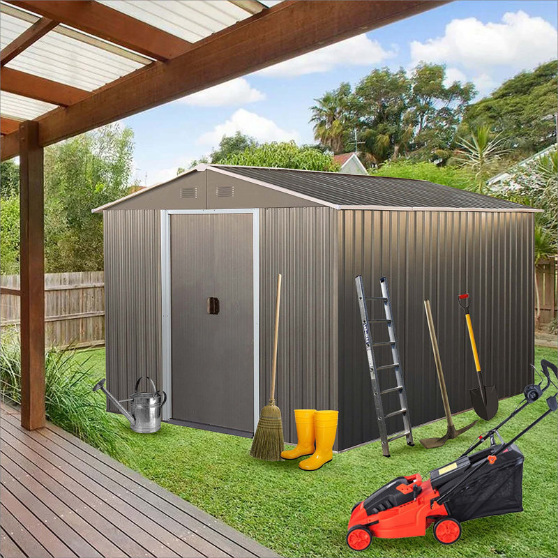 8X10ft Outdoor Metal Storage Shed, Gray, 74.89" H x 89.07" W x 114.66" D