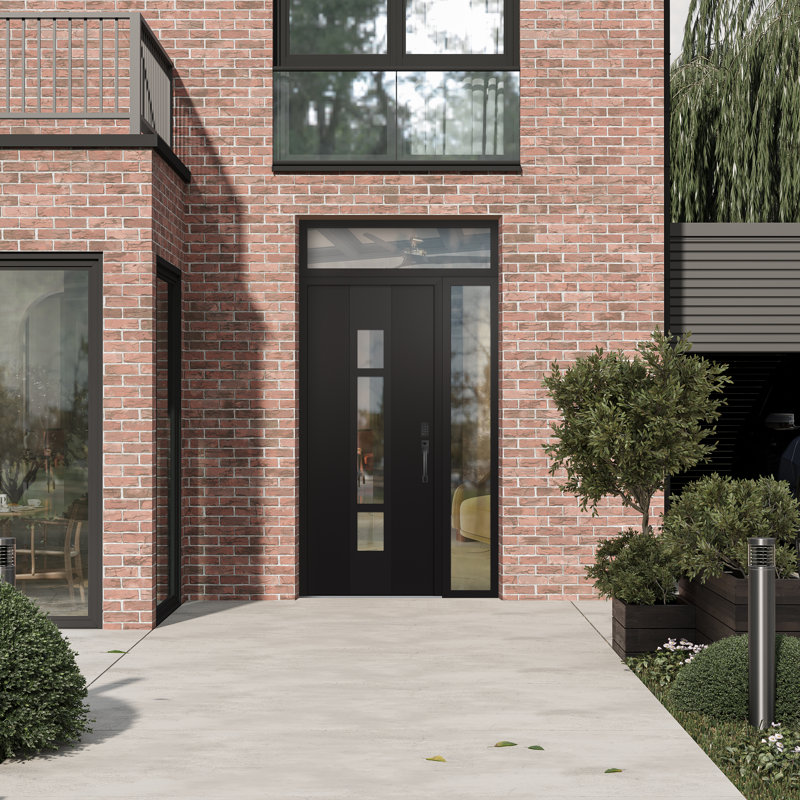 Porte d'entrée pré-suspendue en acier à panneau noir Diamond A9 avec panneau latéral et traverse, L 49,25 po x H 95,69 po
