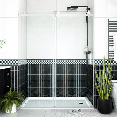 Porte de douche en verre sans cadre, porte de douche coulissante l 56 à 60 po x H 76 po, panneaux de verre trempé de 5/16 po (8 mm), écran de douche moderne avec poignée en acier inoxydable, noir mat