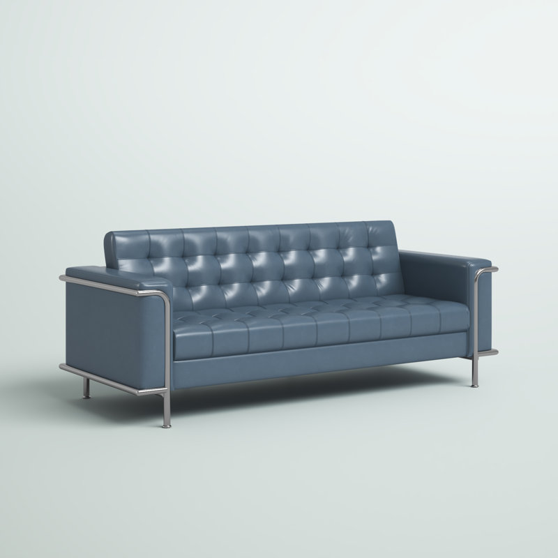 Modern Gray Faux Leather Tufted Sofa with Metal Frame