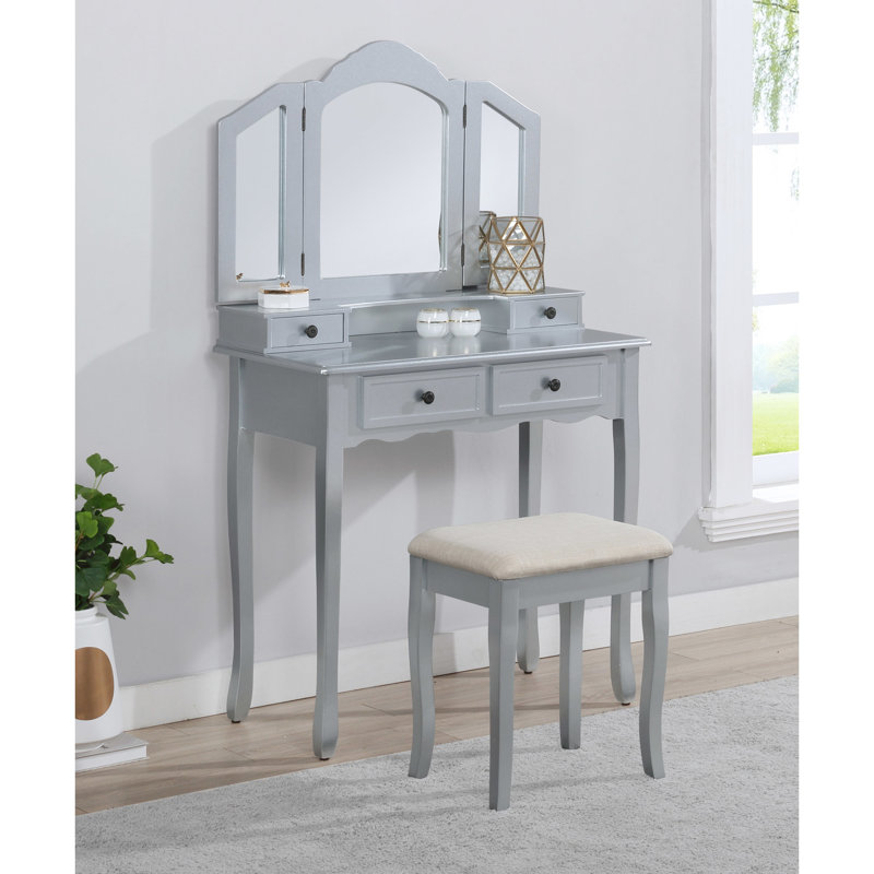 Coiffeuse en bois à finition argentée - Table de maquillage avec tabouret rembourré et miroir moderne et rangement pour chaise