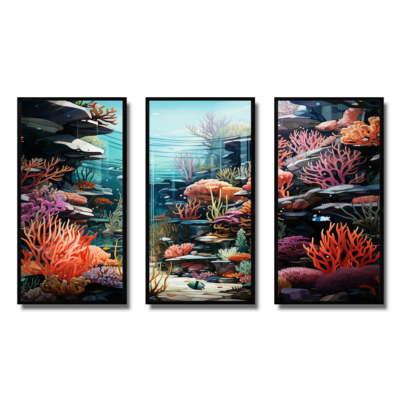 «Life in Coral Reef Paradise II» - art mural bord de mer tropical, H 28 po x l 36 po x P 1 po, Cadre flottant noir