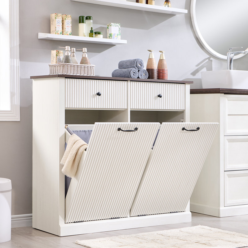 Modern Tilt-out Laundry Hamper Cabinet with Drawers, Fluted Laundry Storage Basket for Bathroom, White, Double Door