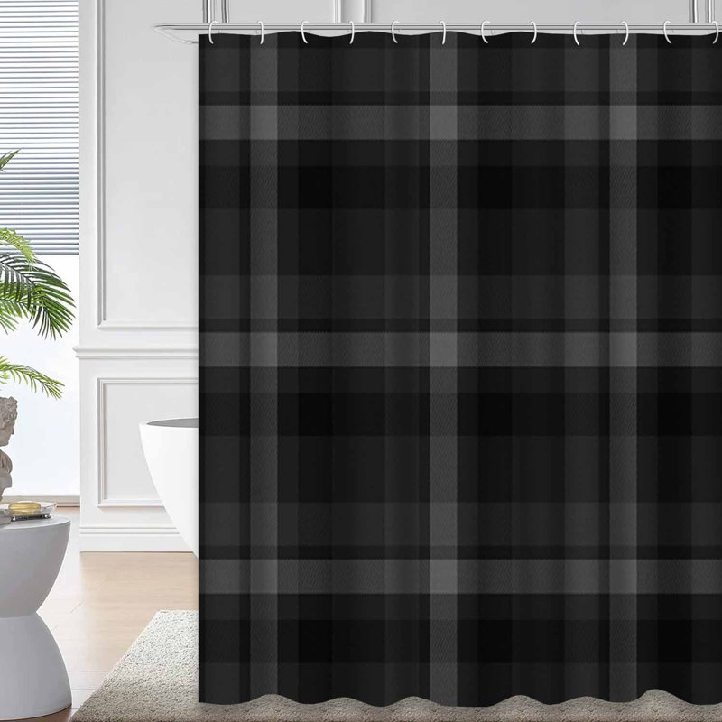 Rideau de douche en tissu écossais noir avec 12 crochets, L 72 po x l 72 po