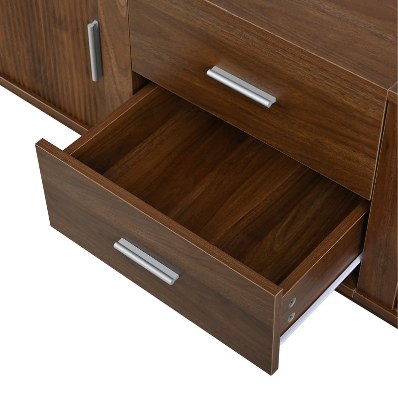 Meuble télé moderne avec tiroirs, rangement coulissant caché, coins arrondis et surface imperméable, convient aux téléviseurs de 65 à 70 po