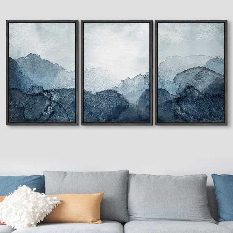 Minimalist Mountains " Navy Blue Dark Pastel Watercolor Landscape Shape Abstract Illustration Modern Art Minimal " 3 - Pieces