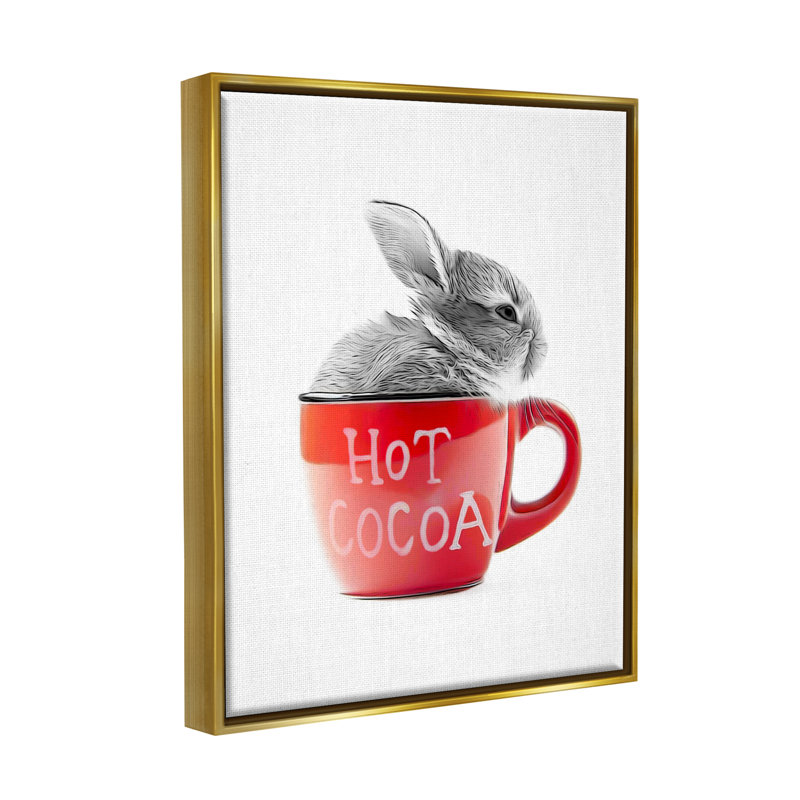 Lapin dans une tasse rouge par Annalisa Latella, Cadre flottant métallique doré, H 31 po x l 25 po x P 1,7 po