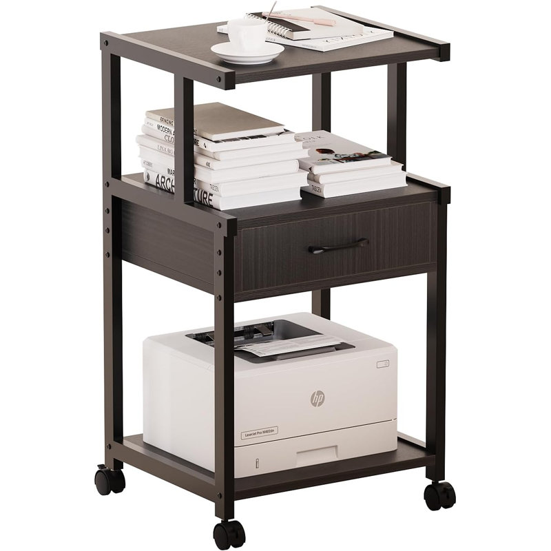 3 Tier Printer Stand with Storage Drawer Rolling Printer Table with Wheels Home Office,Retro, Black