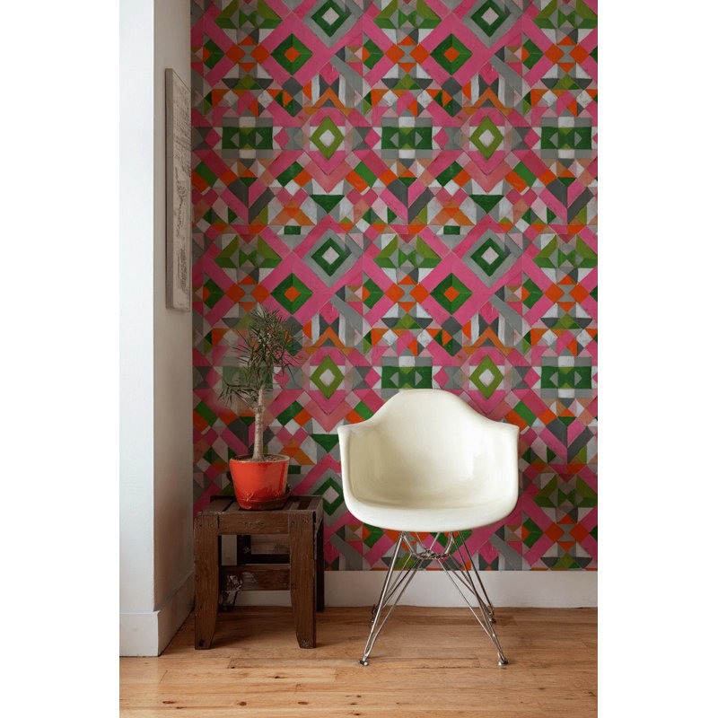 Papier peint abstrait géométrique à motif géométrique rose vert orange
