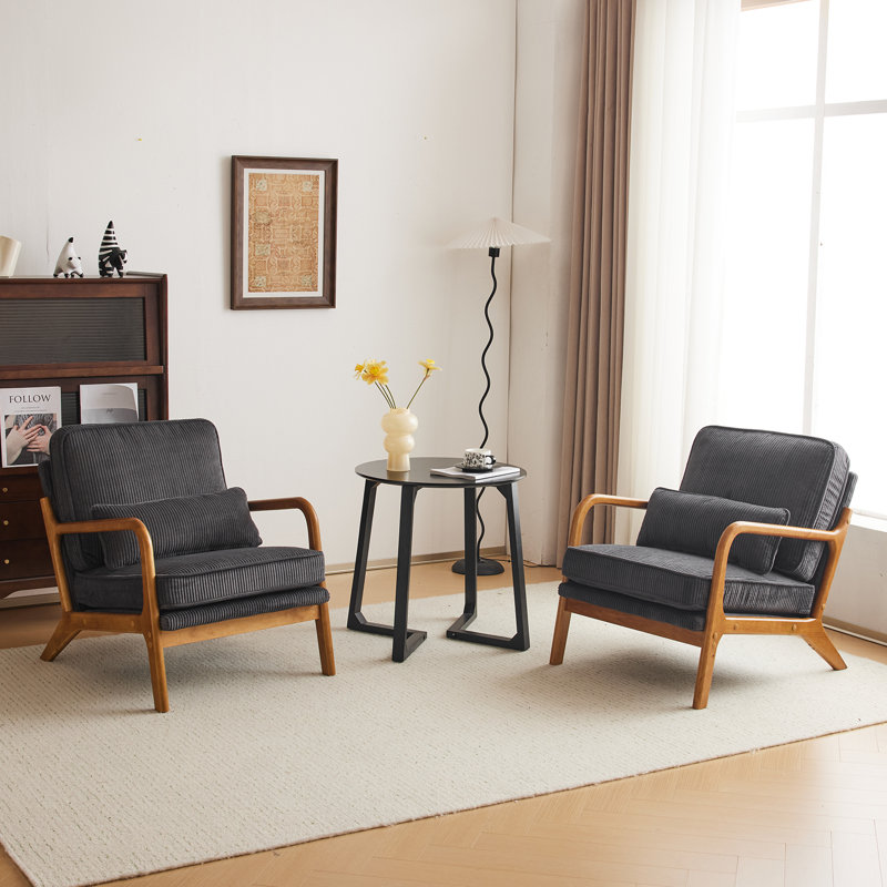 Fauteuils rembourrés en bois massif Lemley, Velours côtelé gris