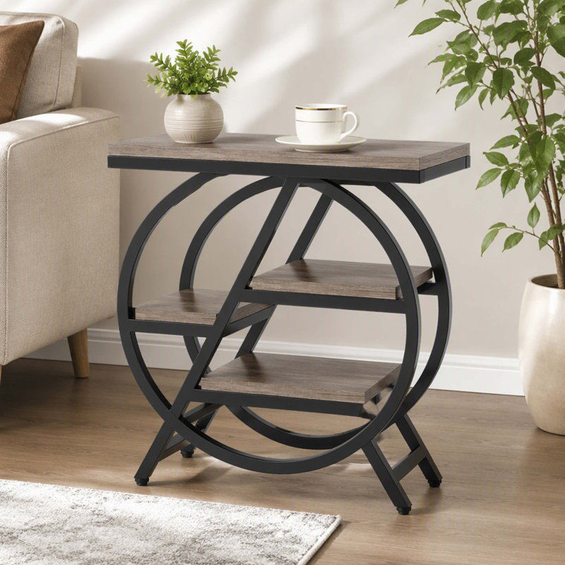 Table de bout à 4 niveaux à 4 rangées de table de bout industrielle, panneau de rangement en bois noir mat avec cadre en métal noir mat et plateau de rangement décalé
