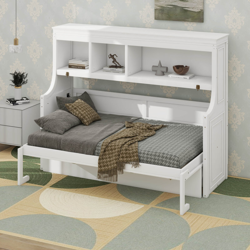 Lit escamotable simple avec bureau et tablettes de rangement, Blanc