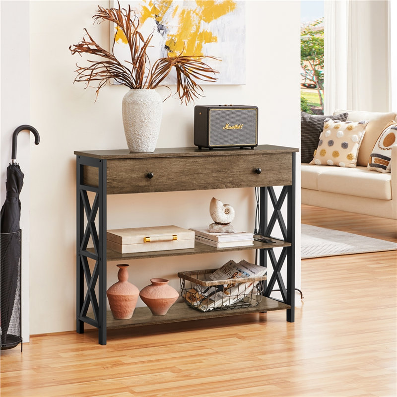 Taupe Wood and Black Metal Console Table with Storage and USB Ports