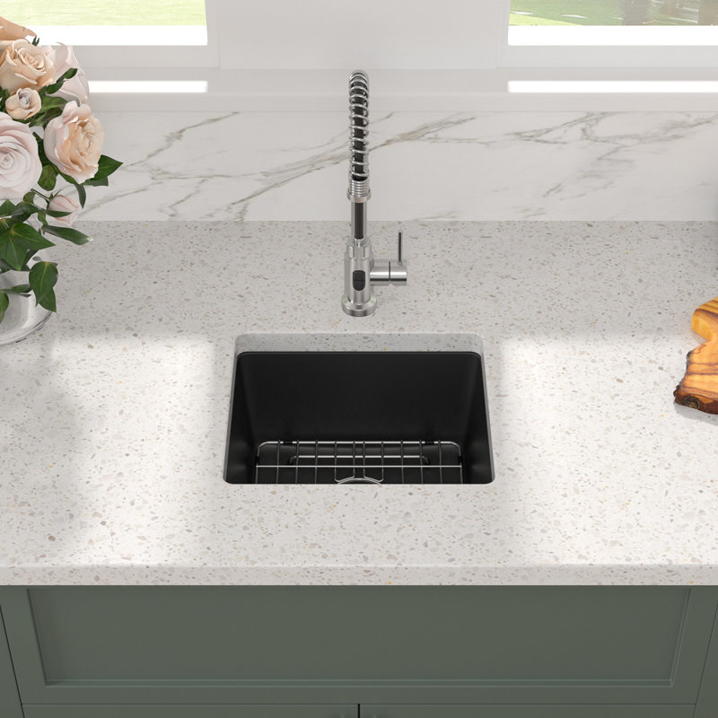 Évier de cuisine rectangulaire en granite à cuve simple encastrable L 18 po x l 16 po, Noir, noir, noir, noir