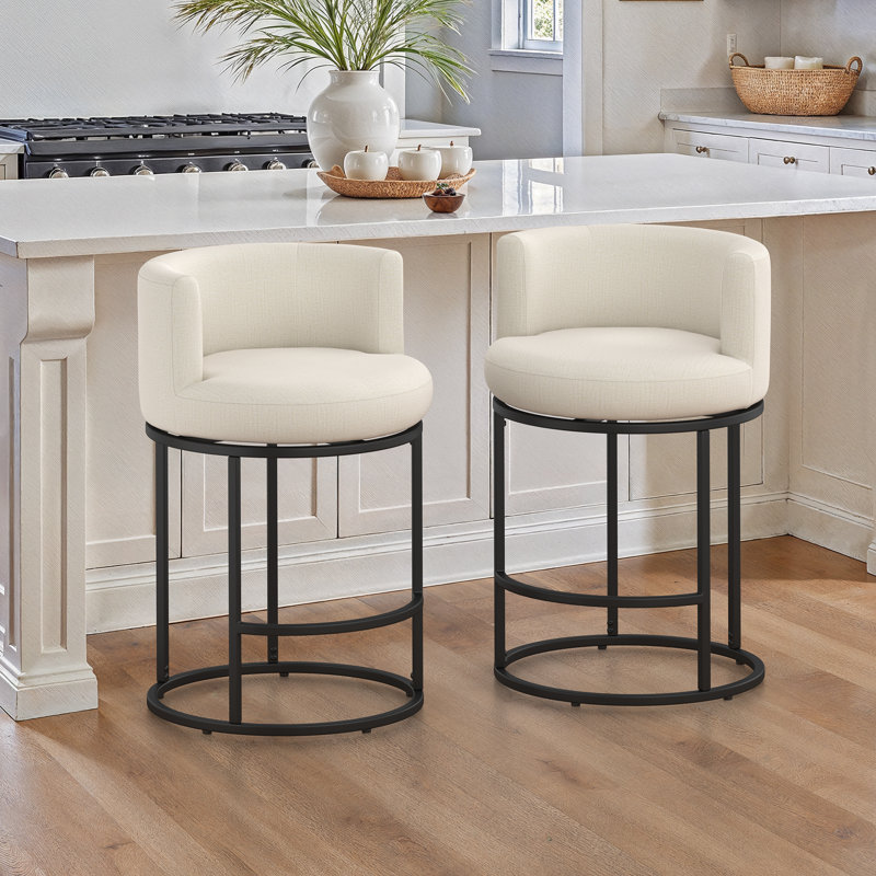 26"Sculptural Swivel Counter Stool Modern Barrel-Back With Cylindrical Metal Frame And Full-Round Seat, Linen