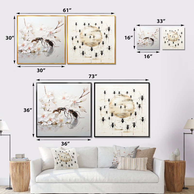 Ensemble de 2 reproductions d'art sur toile, "Floral insectes et insectes", Toile tendue, H 16 po x l 33 po x P 1 po