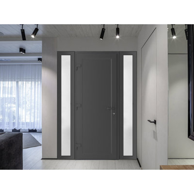 Front Exterior Prehung Metal-Plastic Door Frosted Glass | Manux 8111 Antracite Grey | 2 Side Sidelite Transoms | Office Commercial and Residential Doors Entrance Patio Garage 64" x 80" (W14+36+14" x H80") Right hand Inswing