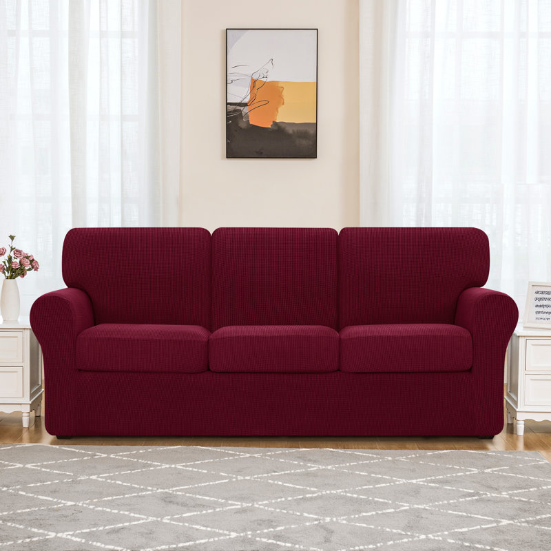 3 Seater Stretch Separate Box Cushion Sofa Slipcover, Wine Red