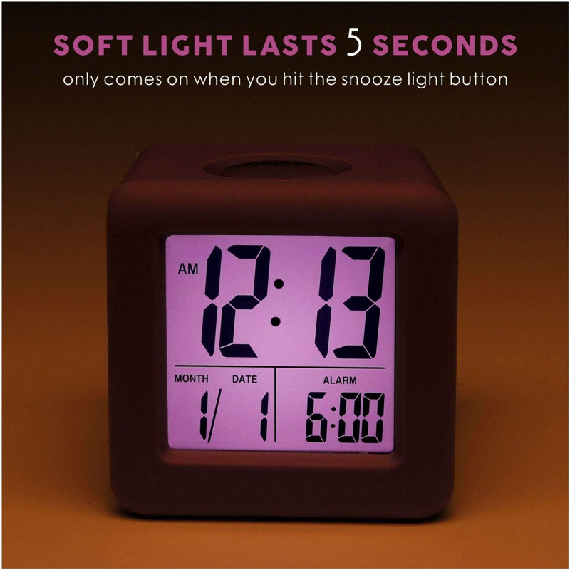 Digital Alarm Clock For Kids With Snooze And Nightlight Easy Setting Silicone Display Time, Date Loud For Bedroom Battery Powered (Purple)
