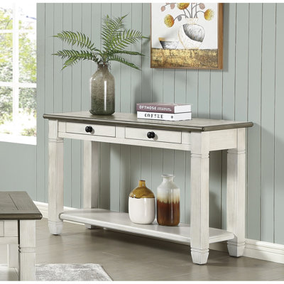 Table de salon contemporaine avec tablette 2 tiroirs brun / rose et blanc antique