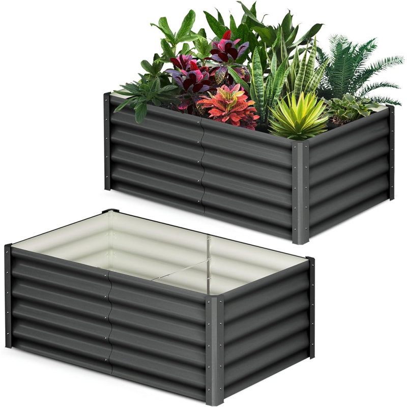 2 boîtes rectangulaires pour jardinières en acier galvanisé gris 6X3x1.5FT 8 pièces, Noir, H 18 po x l 72 po x P 36 po