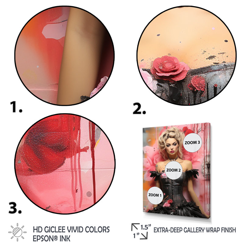 Poupée sensuelle noire et rose II, Cadre flottant noir, H 32 po x l 24 po x P 1 po
