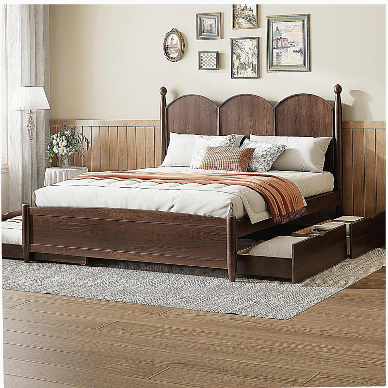 Grand lit plateforme avec 2 grands tiroirs et lit simple TG, Noyer