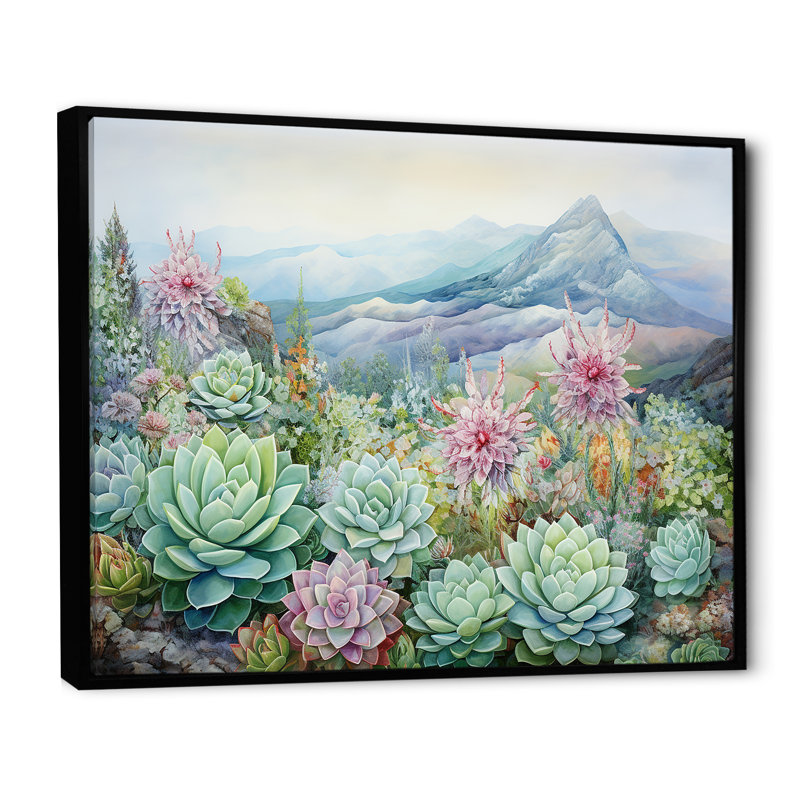 «Green Succulent Desert Charm», reproduction sur toile, Cadre flottant noir, H 34 po x l 44 po x P 1,5 po