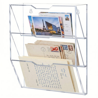 3-Tier Wall Mount Clear Acrylic Mail Sorter Organizer, Space Saving Hanging Letter & Document Holder Rack, Multi Slot Wall Storage for Letters, Envelopes, Magazines in Entryway, Home and Office