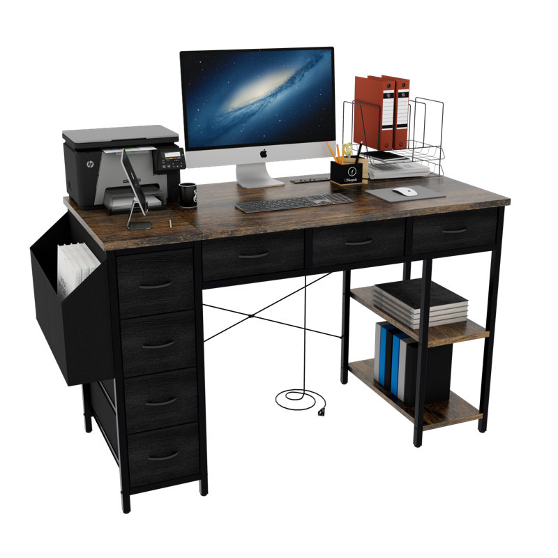 47" Computer Desk With Power Outlet,Writing Desk With 7 Fabric Drawers,Vanity Table Drawers And Large Side Pocket, Oak